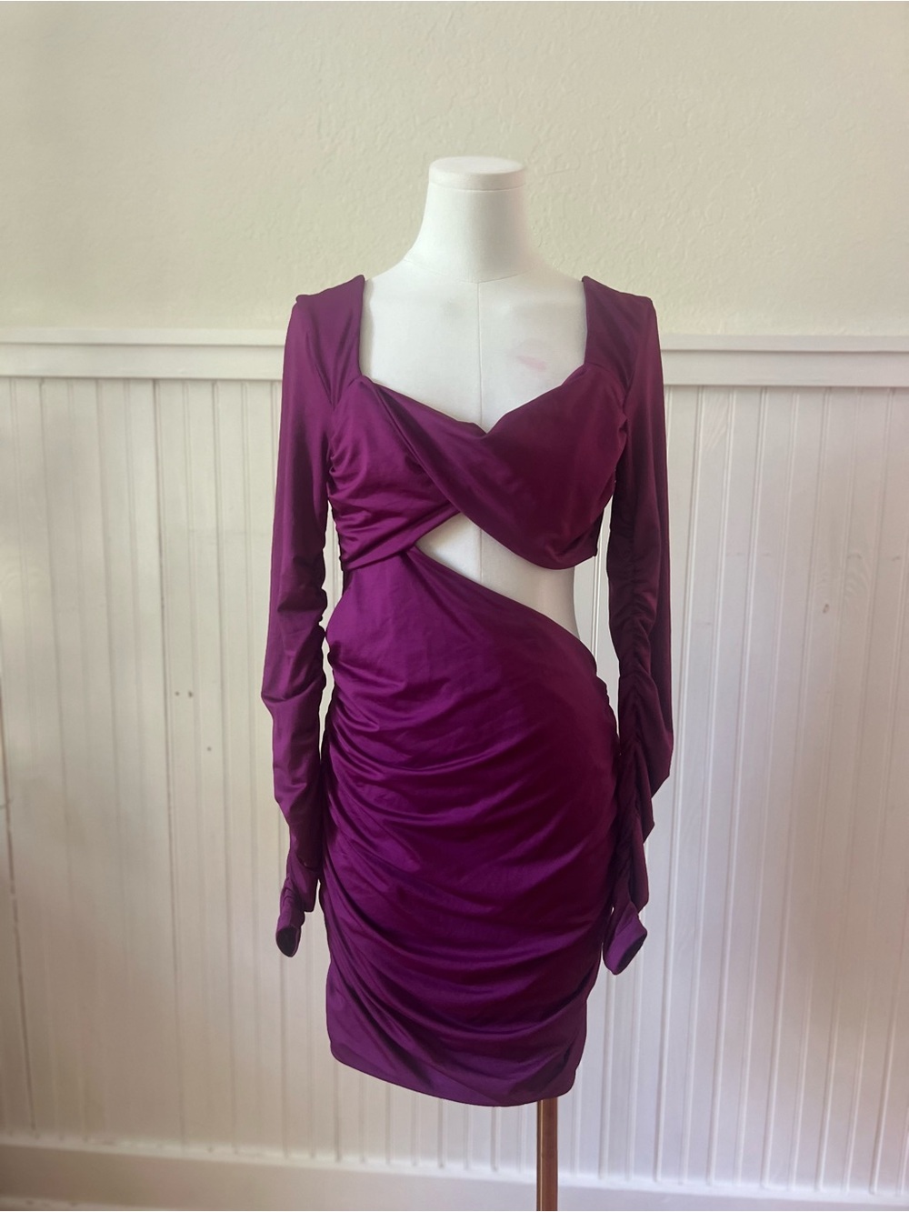Oh Polly Ruched Cutout Mini Dress Purple Long Sleeve Bodycon US 14 NWT